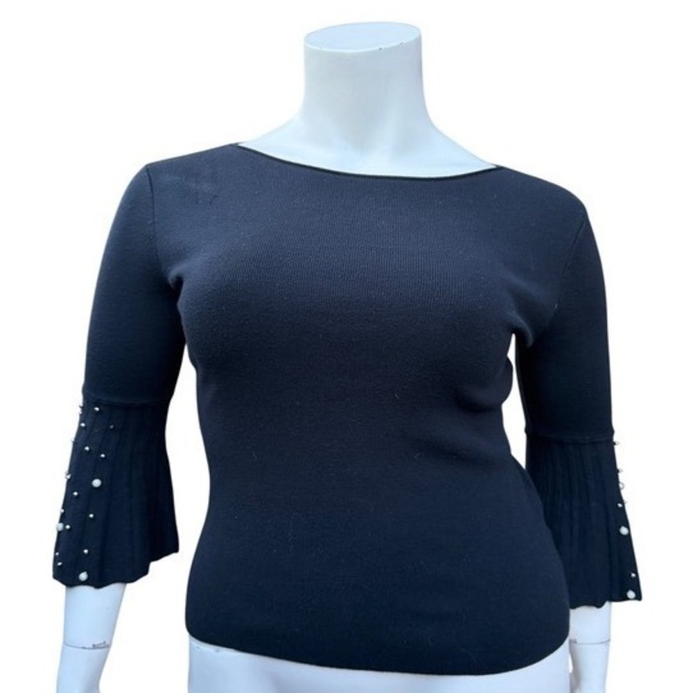 Marina V Black Studded Bell Sleeve Sweater Boat‎ Neck Fine Knit Whimsigoth 12